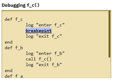 "Debugging f_c()" -- we see the code for f_c, with f_b and f_a below